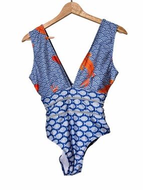 Averie Blue Fish-Print One-Piece Swimsuit with Orange Accents